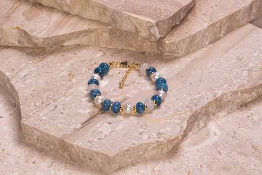 Blue Rondelle Jades & Pearls Beaded Bracelet