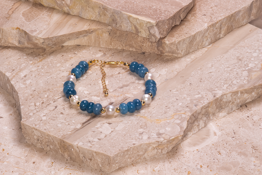 Blue Jaded Rondelle & Pearls Beaded Bracelet